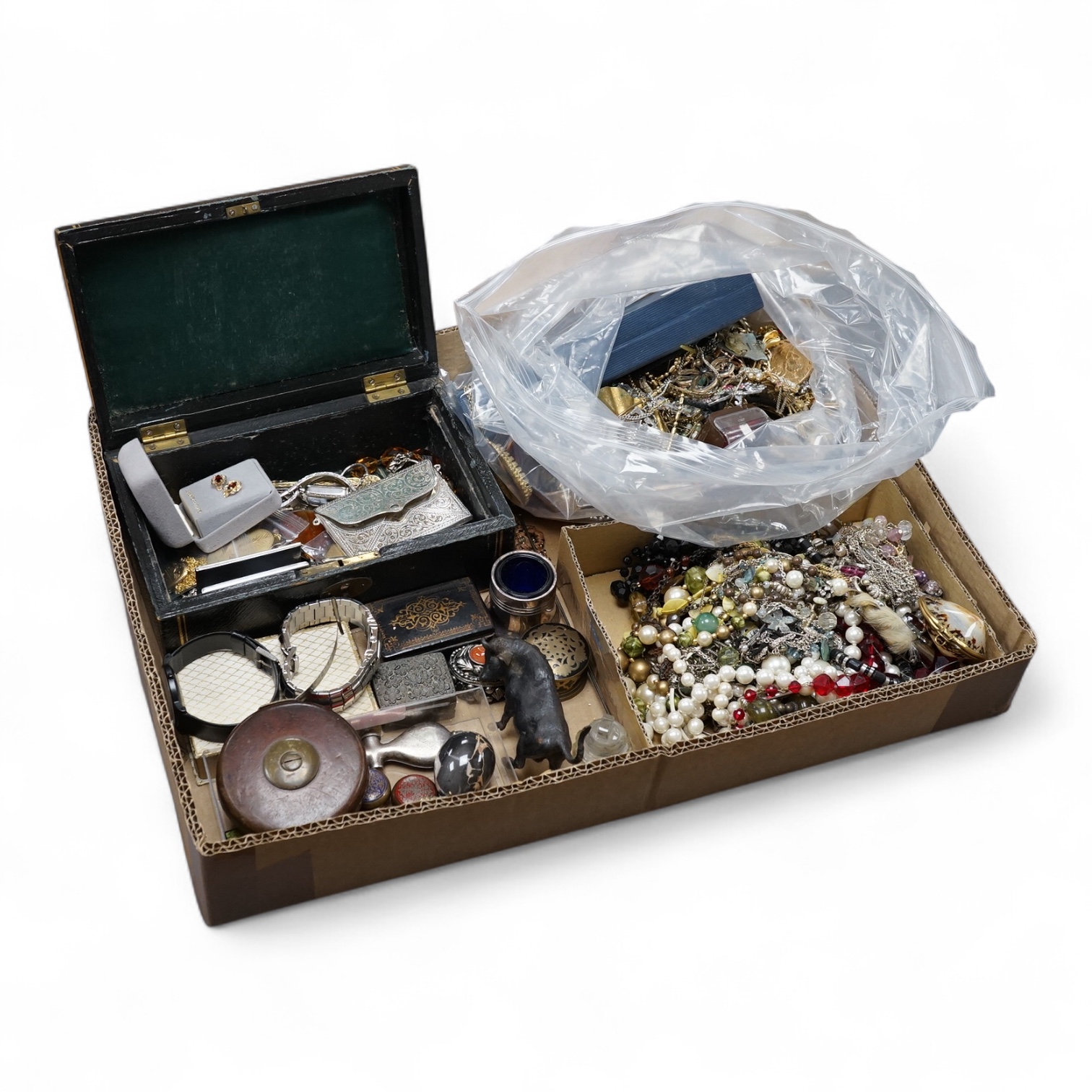 A quantity of assorted mainly costume jewellery, silver and other collectables including a George V engraved silver card case, Adie & Lovekin Ltd, Birmingham, 1913, pill boxes, vesta case, necklaces and writs watches.